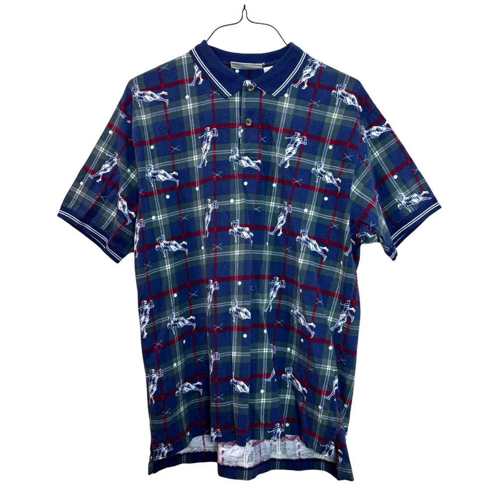 90s Men's Golf Polo Shirt Large Plaid Allover Golfer Print Vintage Cotton Preppy
